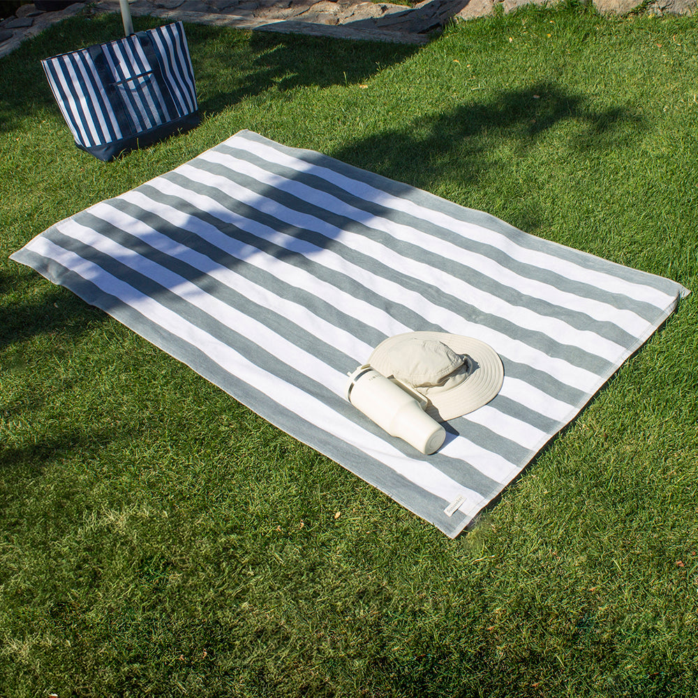 Toalla Playa Algodón XL Reversible Rayas Gris Sunseeker
