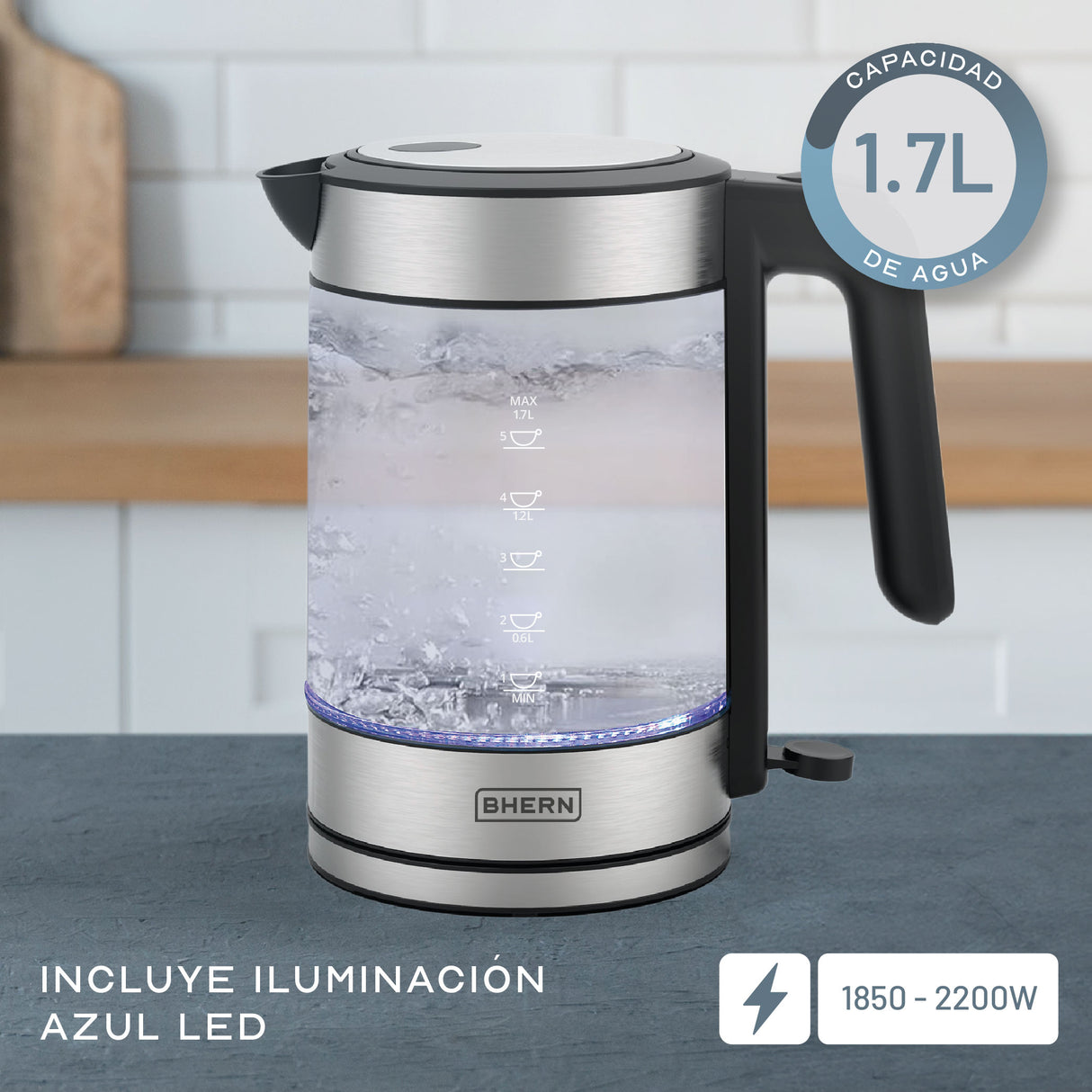 Hervidor Eléctrico Vidrio Blue Led 1,7 L Bhern 1 un