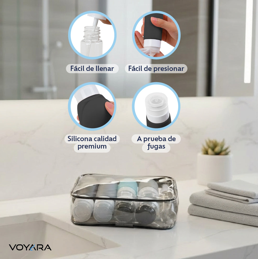 Set 9 Botellas de Viaje de Silicona con Estuche Voyara 1 un