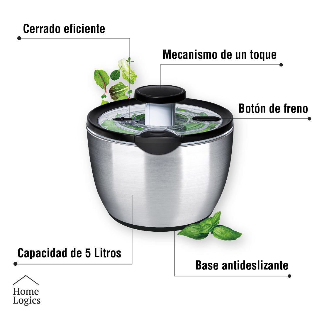 Secador Centrífuga Ensalada Acero Inox 5L Home Logics 1 un