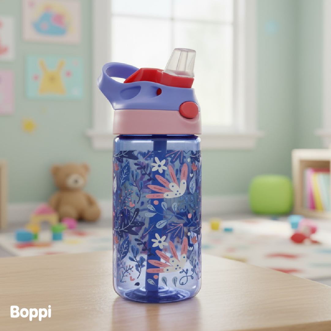 Botella Tritan Kids Antiderrame 480 ml Flores Lila Boppi 1 un