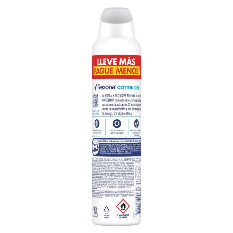 Desodorante Aerosol Antitranspirante Mujer Aroma Cotton Dry Rexona 250 ml