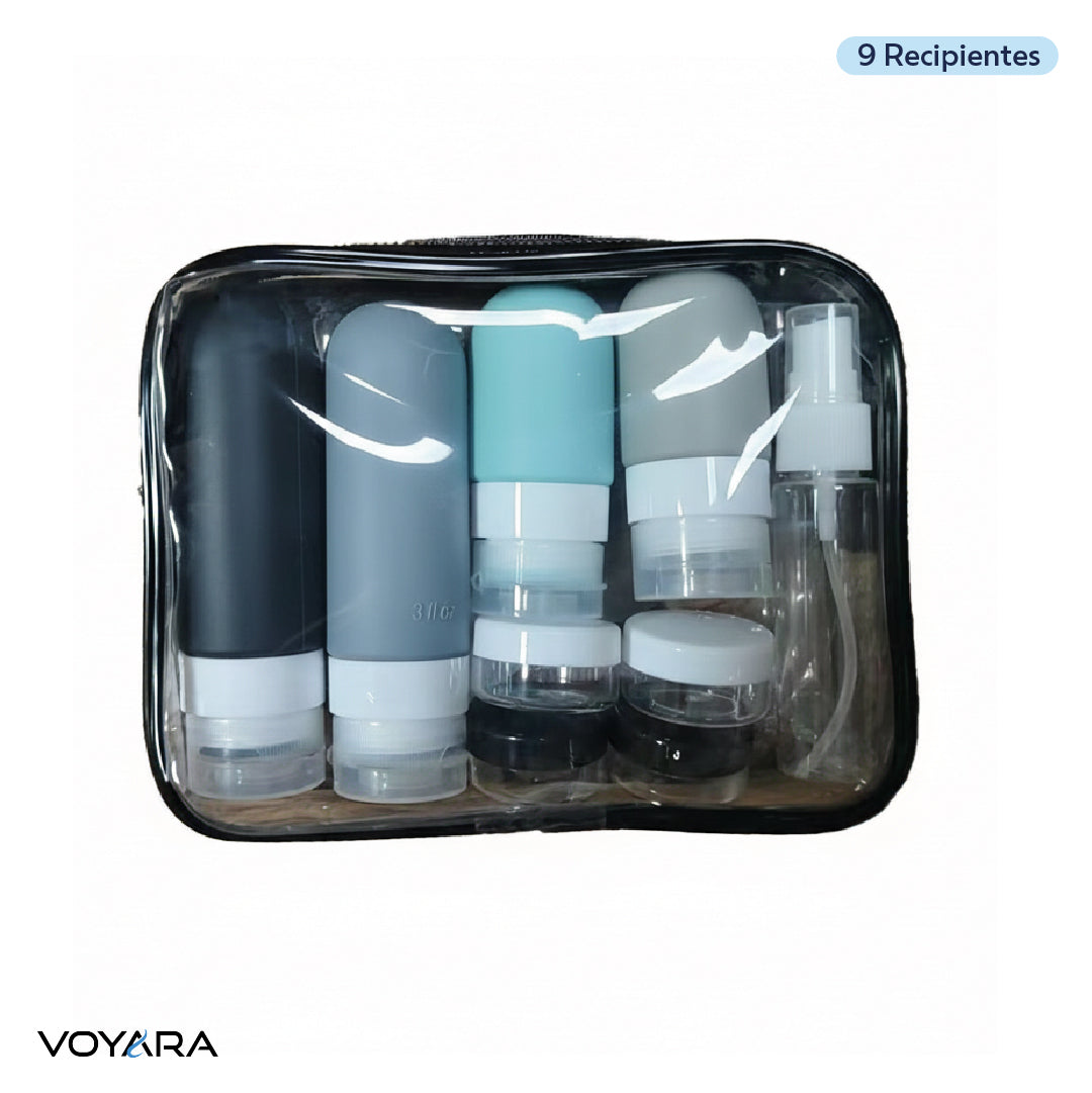 Set 9 Botellas de Viaje de Silicona con Estuche Voyara 1 un