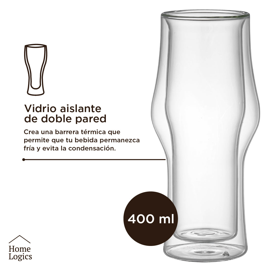 Set 2 Vasos Cerveza Double Wall Glass 400 ml Home Logics 1 un